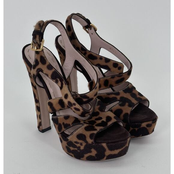 ⭐️ Miu Miu Leopard Print Pony Hair Platform Sandals Size 37 / 7 - Picture 1 of 11